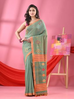 Angoshobha - Pista Green Cotton All Body Buti Handloom Saree with Unstitched Blouse