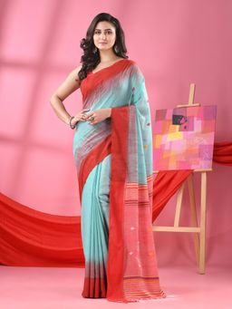 Angoshobha - Aqua Blue Cotton Tie Dye Handloom Saree with Unstitched Blouse