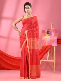 Angoshobha - Red Cotton All Body Plus Buti Handloom Saree with Unstitched Blouse