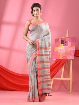 Angoshobha - Light Grey Cotton All Body Buti Handloom Saree with Unstitched Blouse