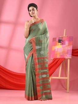 Angoshobha - Sage Green Cotton All Body Buti Handloom Saree with Unstitched Blouse