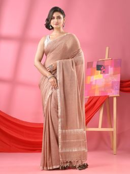 Angoshobha - Chocolate Cotton Jacquard Border Handloom Saree with Unstitched Blouse