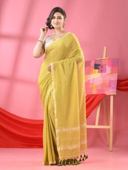 Angoshobha - Lemon Cotton Jacquard Border Handloom Saree with Unstitched Blouse