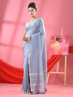 Angoshobha - Sky Blue Cotton Jacquard Border Handloom Saree with Unstitched Blouse