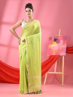Angoshobha - Pastel Green Cotton Jacquard Border Handloom Saree with Unstitched Blouse
