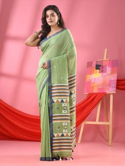 Angoshobha - Fern Green Cotton All Body Kantha Buti Handloom Saree with Unstitched Blouse