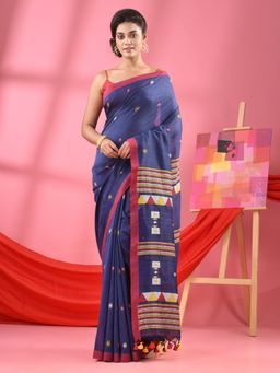 Angoshobha - Navy Blue Cotton All Body Kantha Buti Handloom Saree with Unstitched Blouse