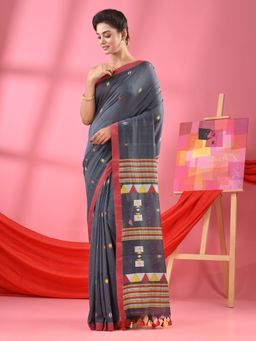 Angoshobha - Grey Cotton All Body Kantha Buti Handloom Saree with Unstitched Blouse