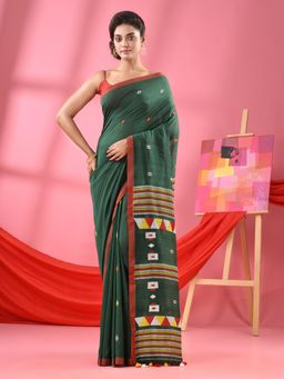Angoshobha - Bottle Green Cotton All Body Kantha Buti Handloom Saree with Unstitched Blouse