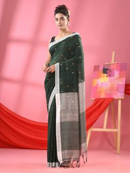 Angoshobha - Bottle Green Cotton All Body Ball Buti Handloom Saree with Unstitched Blouse