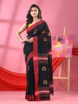 Angoshobha - Black Cotton All Body Hut Motifs Handloom Saree with Unstitched Blouse