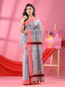 Angoshobha - Silver Grey Cotton All Body Hut Motifs Handloom Saree with Unstitched Blouse