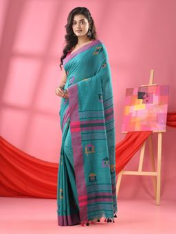 Angoshobha - Aqua Cotton All Body Hut Motifs Handloom Saree with Unstitched Blouse