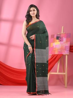 Angoshobha - Bottle Green Cotton All Body Love Buti Handloom Saree with Unstitched Blouse