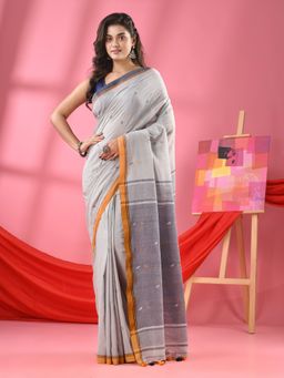 Angoshobha - Ash Grey Cotton All Body Buti Handloom Saree with Unstitched Blouse