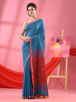 Angoshobha - Teal Cotton All Body Buti Handloom Saree with Unstitched Blouse
