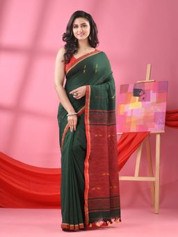 Angoshobha - Bottle Green Cotton All Body Buti Handloom Saree with Unstitched Blouse