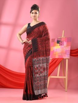 Angoshobha - Maroon Cotton Blend Printed Handloom Saree with Unstitched Blouse