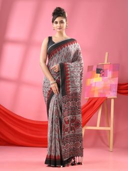 Angoshobha - Grey Cotton Blend Printed Handloom Saree with Unstitched Blouse