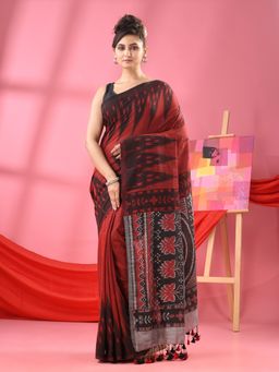 Angoshobha - Red Cotton Blend Printed Handloom Saree with Unstitched Blouse