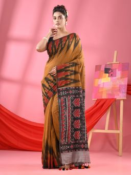 Angoshobha - Mustard Cotton Blend Printed Handloom Saree with Unstitched Blouse