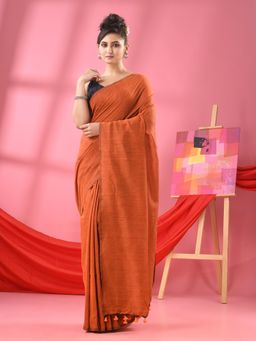 Angoshobha - Orange Cotton Mulmul Handloom Saree with Unstitched Blouse