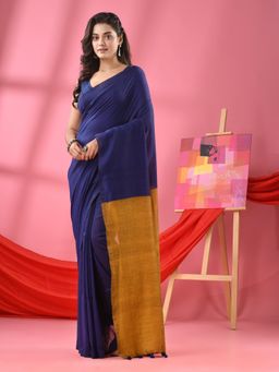Angoshobha - Blue Cotton Mulmul Handloom Saree with Unstitched Blouse