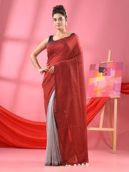 Angoshobha - Red & Silver Cotton Mulmul Handloom Saree with Unstitched Blouse