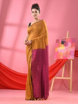 Angoshobha - Mustard Cotton Mulmul Handloom Saree with Unstitched Blouse