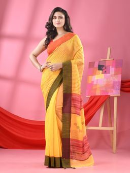 Angoshobha - Dark Yellow Cotton Blend Handloom Saree with Unstitched Blouse