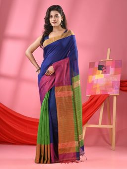 Angoshobha - Blue & Green Cotton Blend Half And Half Handloom Saree with Unstitched Blouse