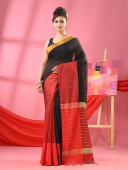 Angoshobha - Black & Maroon Cotton Blend Half And Half Handloom Saree with Unstitched Blouse