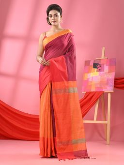 Angoshobha - Magenta & Orange Cotton Blend Half And Half Handloom Saree with Unstitched Blouse