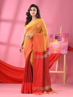 Angoshobha - Mustard & Maroon Cotton Blend Half And Half Handloom Saree with Unstitched Blouse