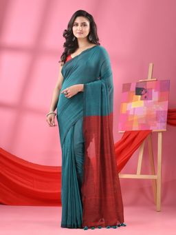 Angoshobha - Teal & Maroon Cotton Mulmul Handloom Saree with Unstitched Blouse