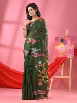 Angoshobha - Deep Green Cotton Blend Jamdani Saree with Unstitched Blouse