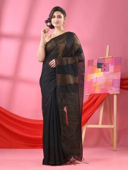 Angoshobha - Black Cotton Blend Handloom Saree with Unstitched Blouse