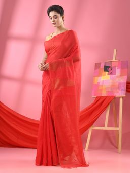 Angoshobha - Red Cotton Blend Handloom Saree with Unstitched Blouse