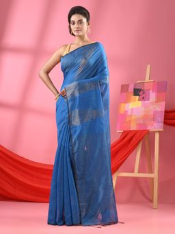 Angoshobha - Teal Cotton Blend Handloom Saree with Unstitched Blouse