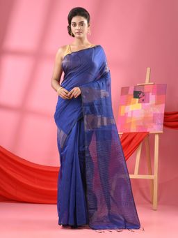 Angoshobha - Blue Cotton Blend Handloom Saree with Unstitched Blouse