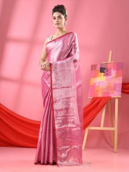 Angoshobha - Pink Zari Cotton Handloom Tissue Saree with Unstitched Blouse