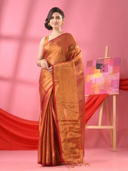Angoshobha - Rust Zari Cotton Handloom Tissue Saree with Unstitched Blouse
