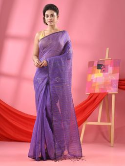 Angoshobha - Soft Purple Cotton Blend Sequence Handloom Saree with Unstitched Blouse
