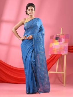 Angoshobha - Teal Cotton Blend Sequence Handloom Saree with Unstitched Blouse