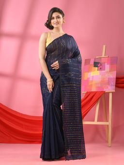 Angoshobha - Navy Blue Cotton Blend Sequence Handloom Saree with Unstitched Blouse