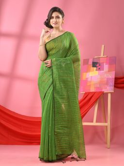 Angoshobha - Light Green Cotton Blend Sequence Handloom Saree with Unstitched Blouse