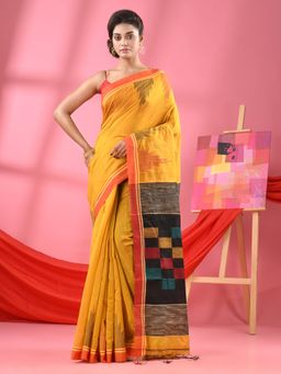 Angoshobha - Sunglo Mustard Cotton Blend Handloom Saree with Unstitched Blouse