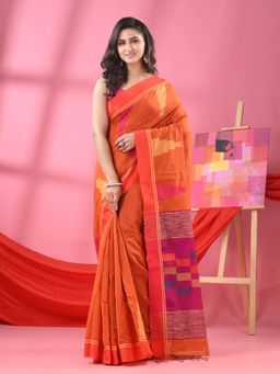 Angoshobha - Orange Cotton Blend Handloom Saree with Unstitched Blouse