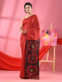 Angoshobha - Red Cotton Blend Handloom Jamdani Saree with Unstitched Blouse