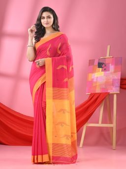 Angoshobha - Hot Pink Cotton Blend Boat Motifs Handloom Saree with Unstitched Blouse